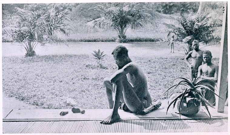 Nsala of Wala in Congo looks at the severed hand and foot of his five-year old daughter, 1904